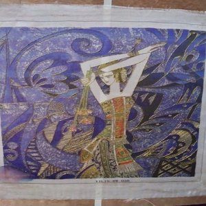 Ting Shao Kuang Serigraph Peacock and Flowers embossed with gold thread READ